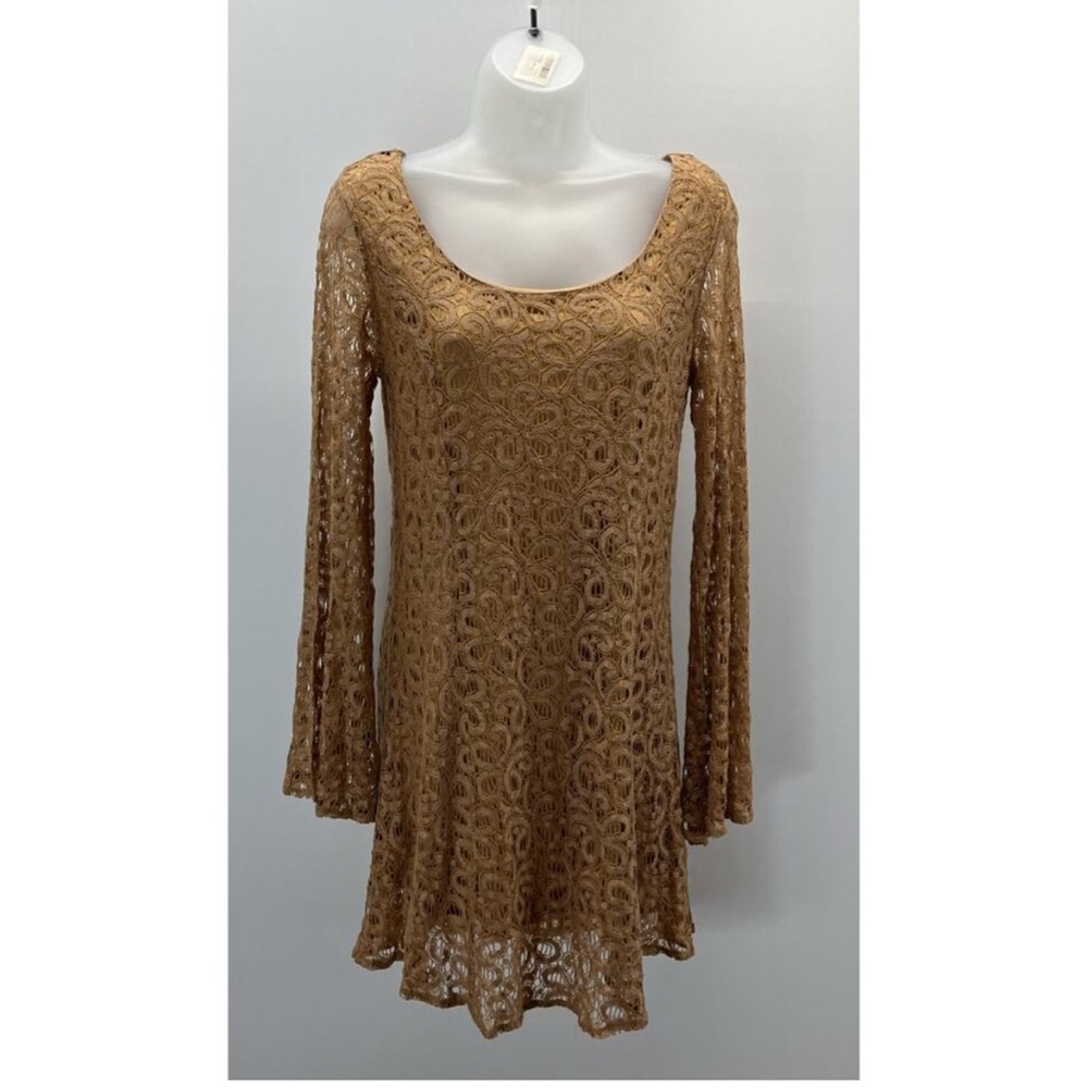 Umgee Tan Crochet Lace Bell-Long-Sleeve Dress size M